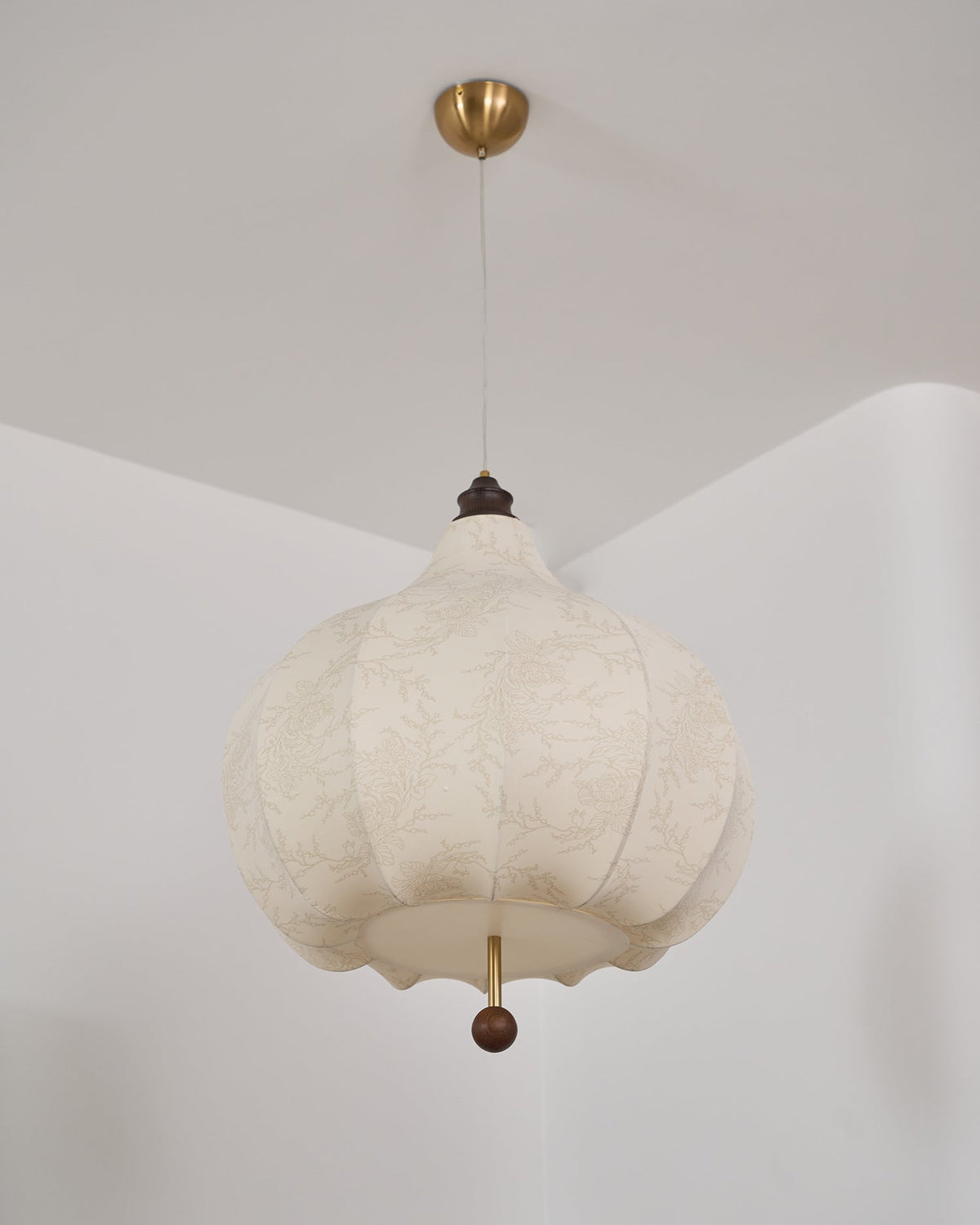 Chestnut Fabric Pendant Light – Warm Beige Shade with Walnut Accents for Living Spaces