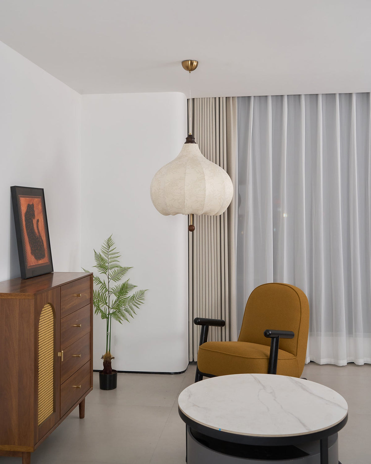 Chestnut Fabric Pendant Light – Warm Beige Shade with Walnut Accents for Living Spaces