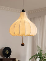 Chestnut Fabric Pendant Light – Warm Beige Shade with Walnut Accents for Living Spaces
