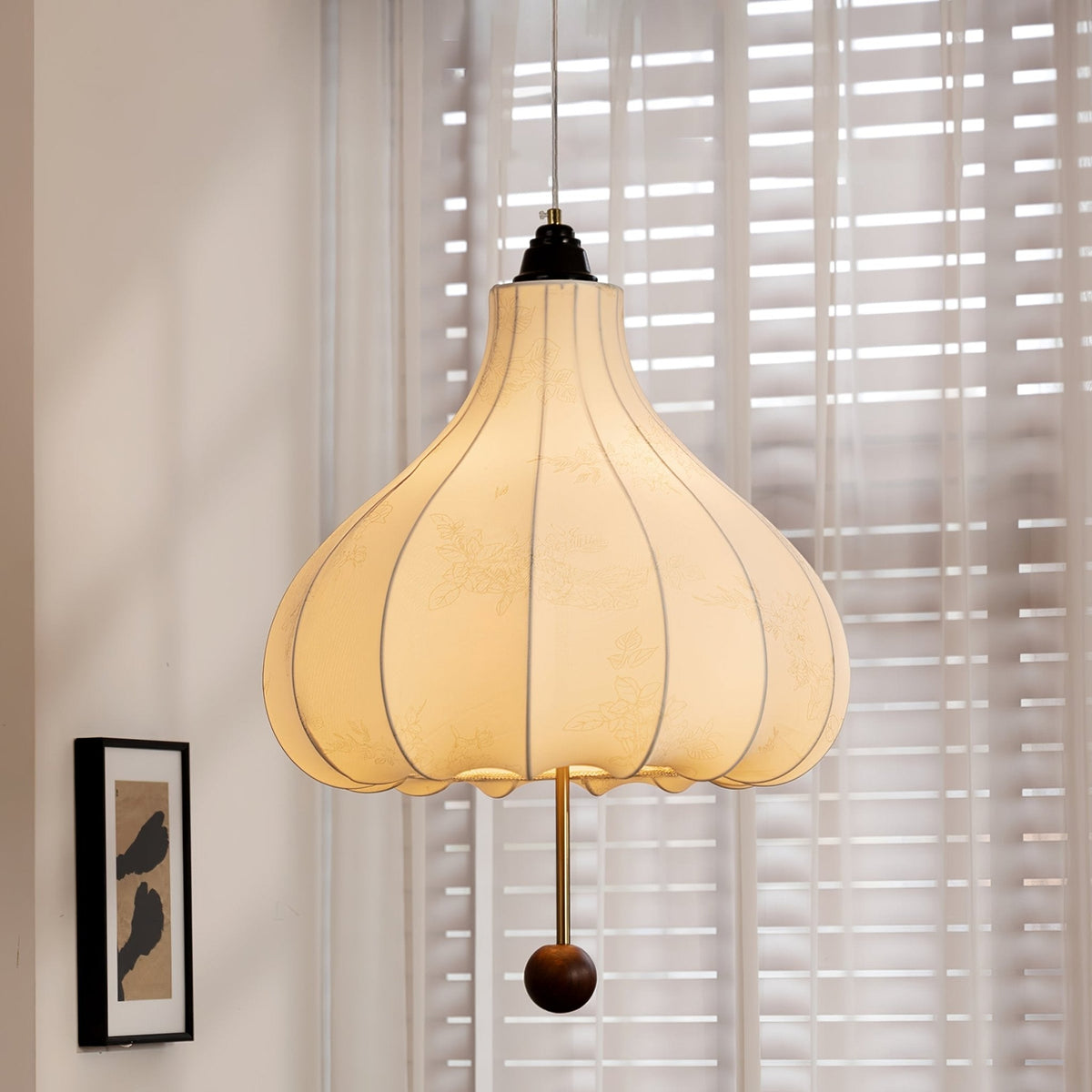 Chestnut Fabric Pendant Light – Warm Beige Shade with Walnut Accents for Living Spaces