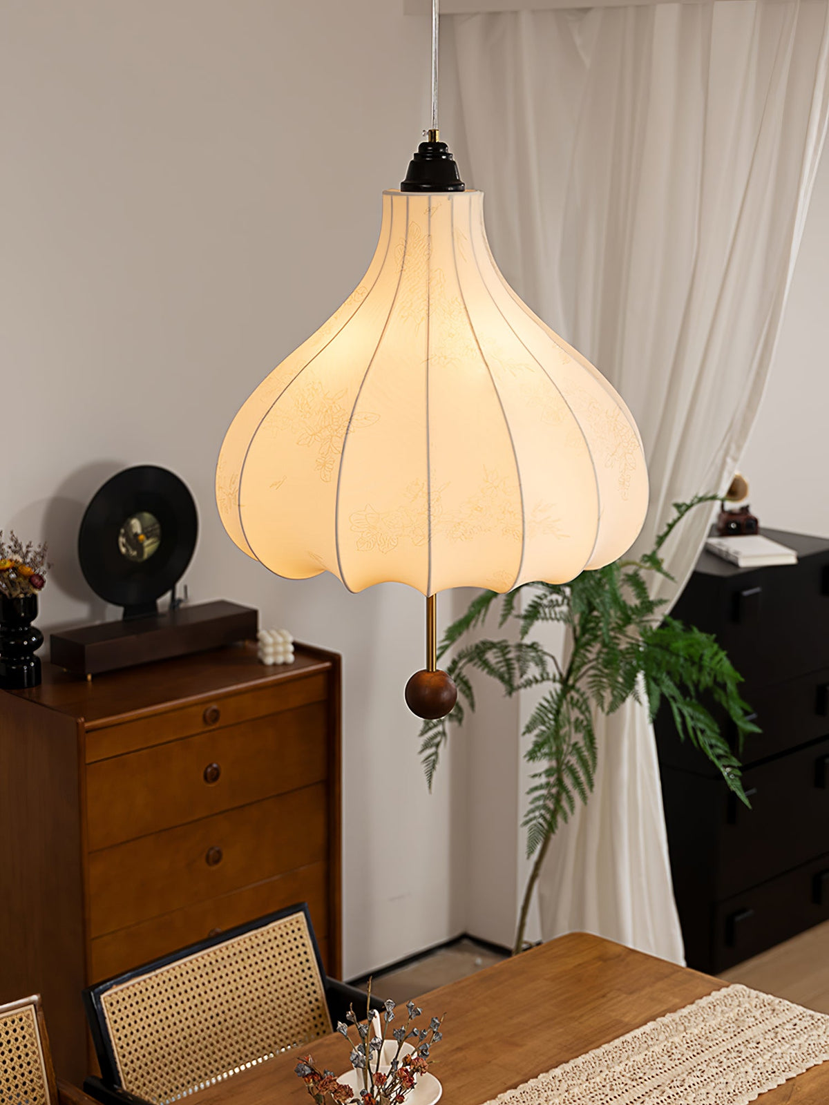 Chestnut Fabric Pendant Light – Warm Beige Shade with Walnut Accents for Living Spaces