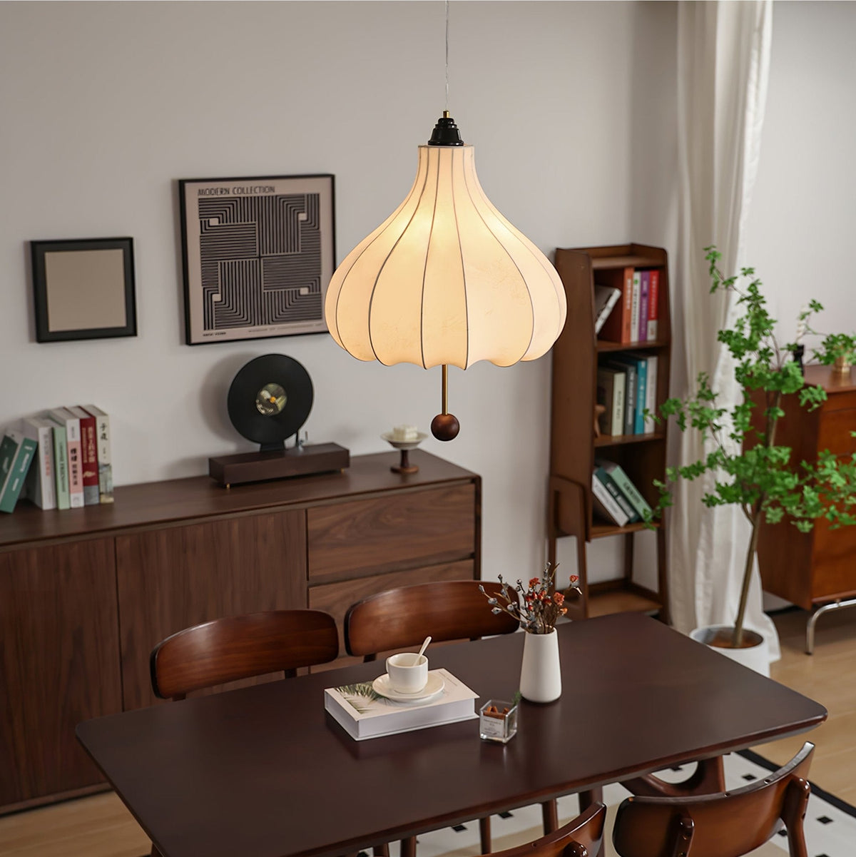 Chestnut Fabric Pendant Light – Warm Beige Shade with Walnut Accents for Living Spaces