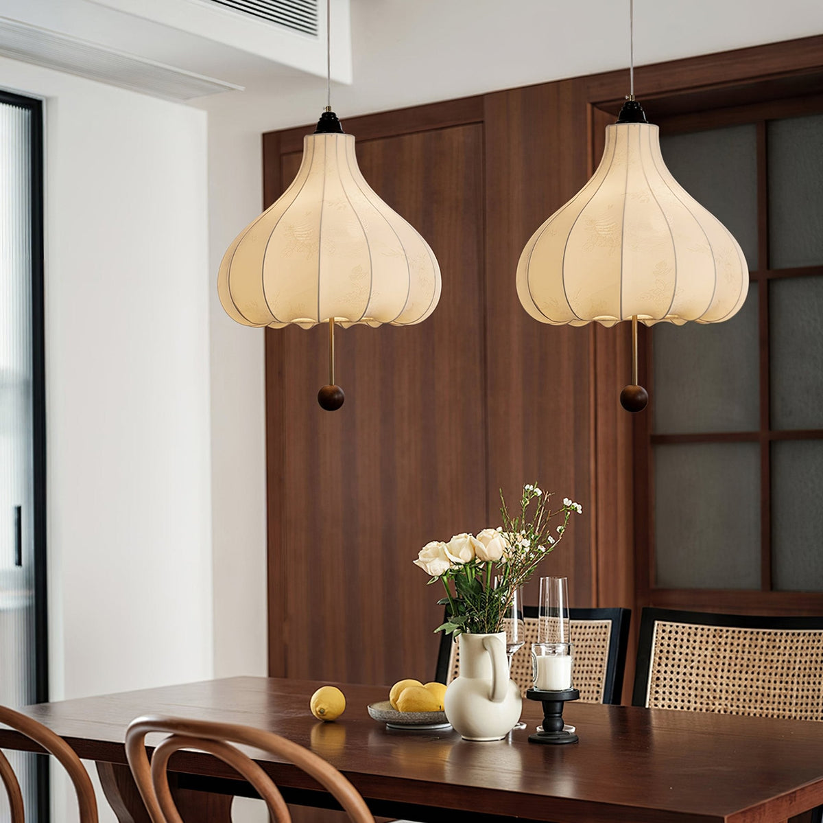 Chestnut Fabric Pendant Light – Warm Beige Shade with Walnut Accents for Living Spaces