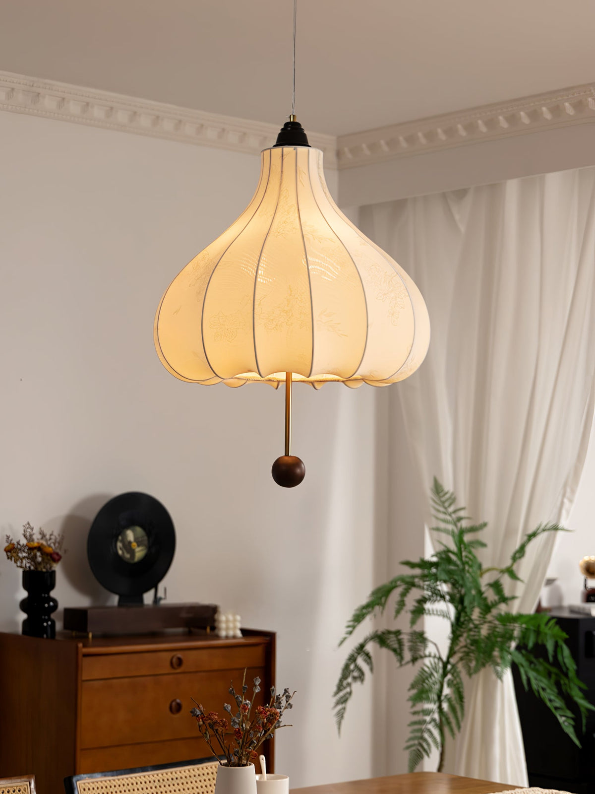Chestnut Fabric Pendant Light – Warm Beige Shade with Walnut Accents for Living Spaces