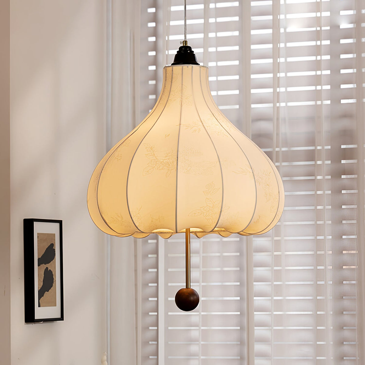 Chestnut Fabric Pendant Light – Warm Beige Shade with Walnut Accents for Living Spaces