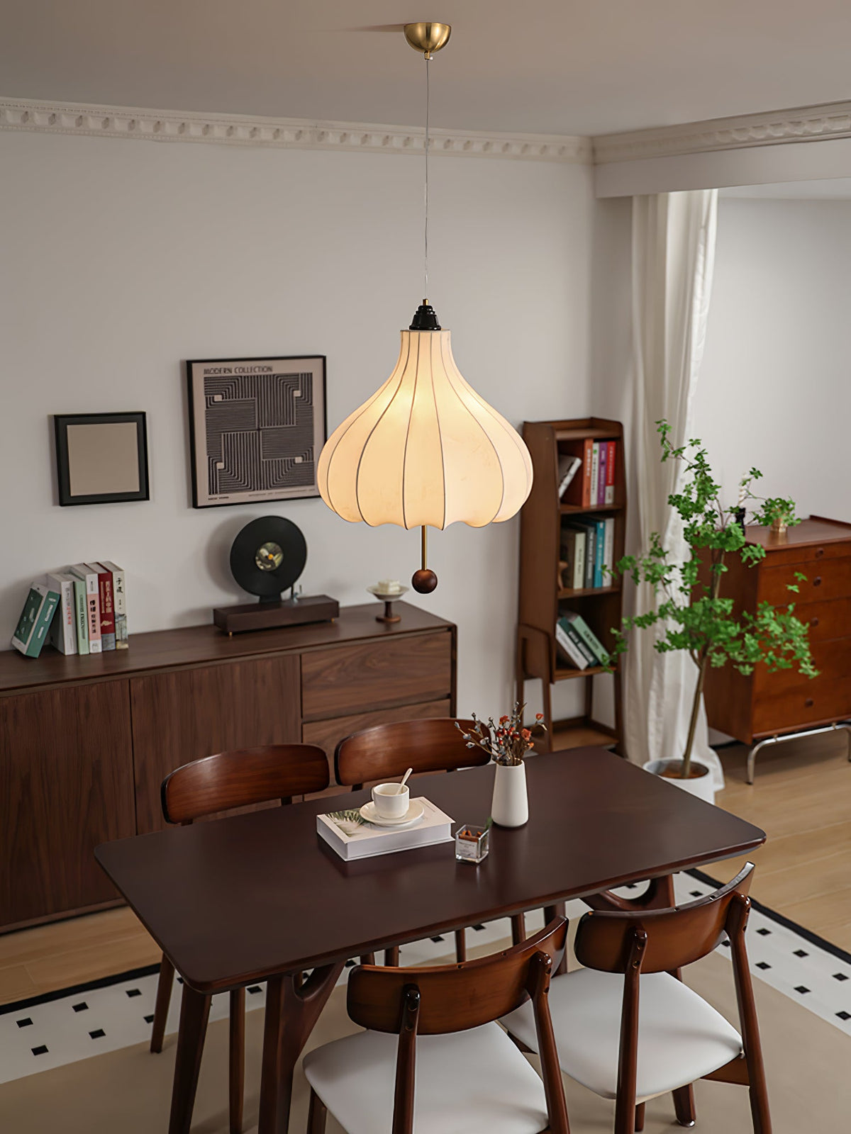 Chestnut Fabric Pendant Light – Warm Beige Shade with Walnut Accents for Living Spaces