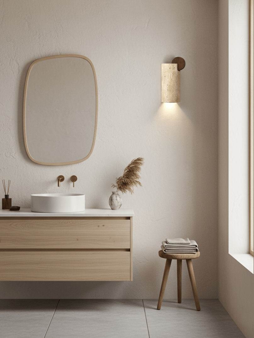 Travertine Wall Sconce with Wood Accent – Modern Minimalist Lighting