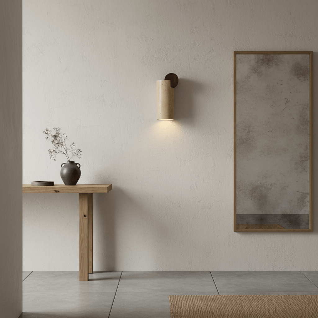 Travertine Wall Sconce with Wood Accent – Modern Minimalist Lighting
