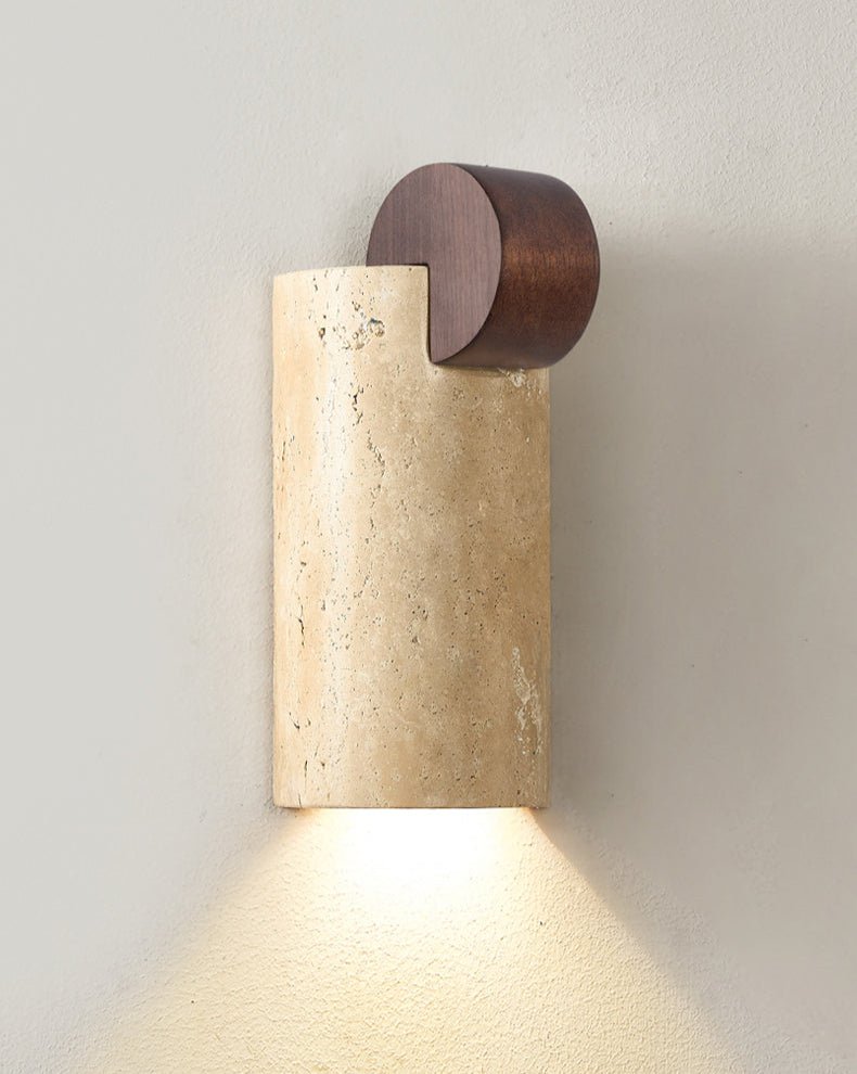 Travertine Wall Sconce with Wood Accent – Modern Minimalist Lighting