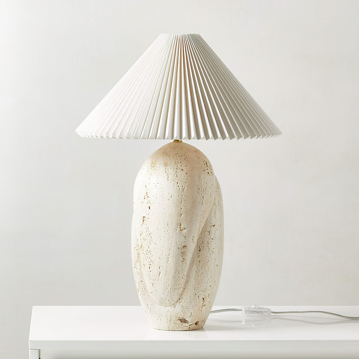 Cirra Sculptural Travertine Table Lamp with Linen Shade