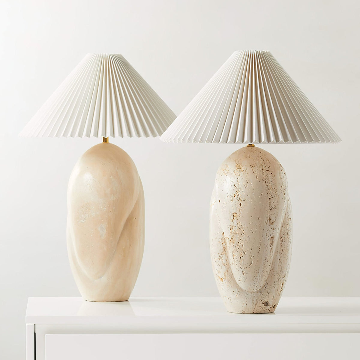Cirra Sculptural Travertine Table Lamp with Linen Shade