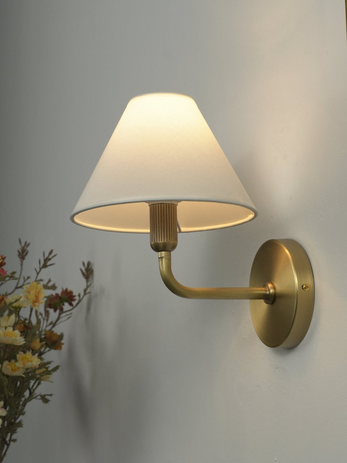 Clara Brass Wall Sconce – Elegant Fabric Shade for Bedroom & Living Room