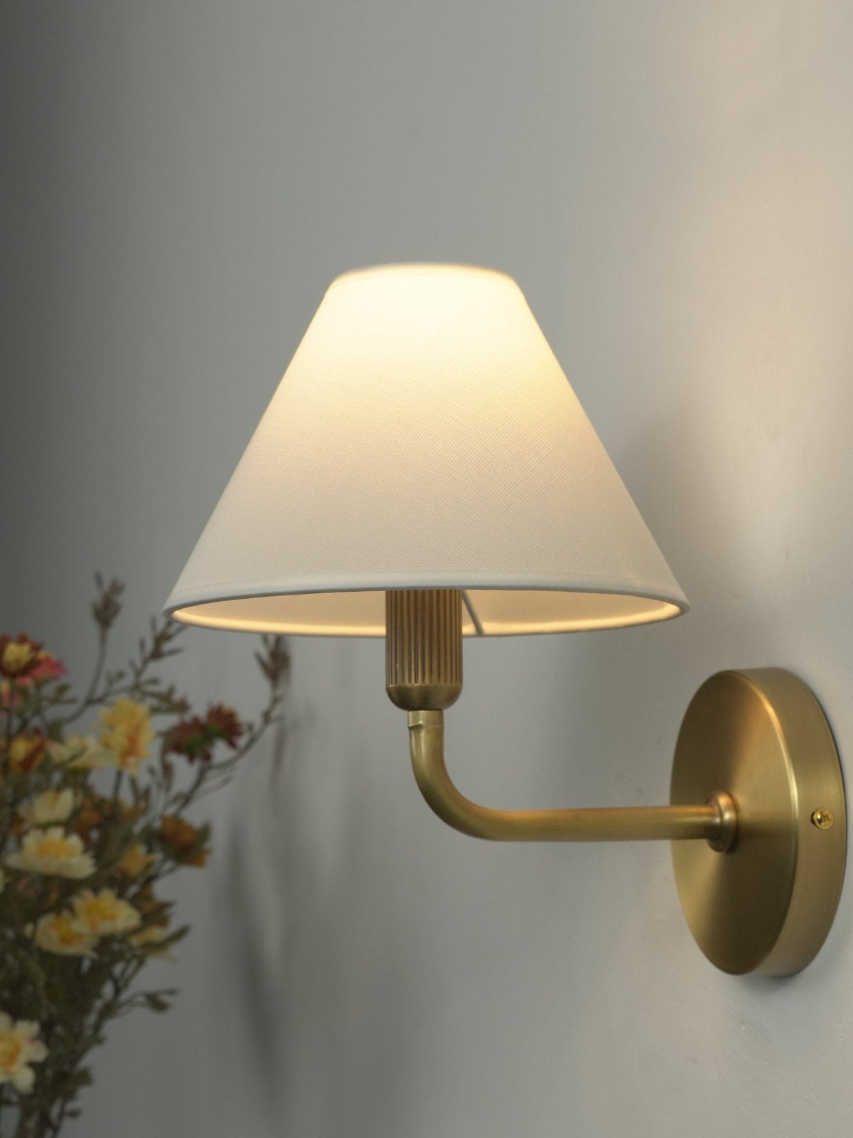 Clara Brass Wall Sconce – Elegant Fabric Shade for Bedroom & Living Room