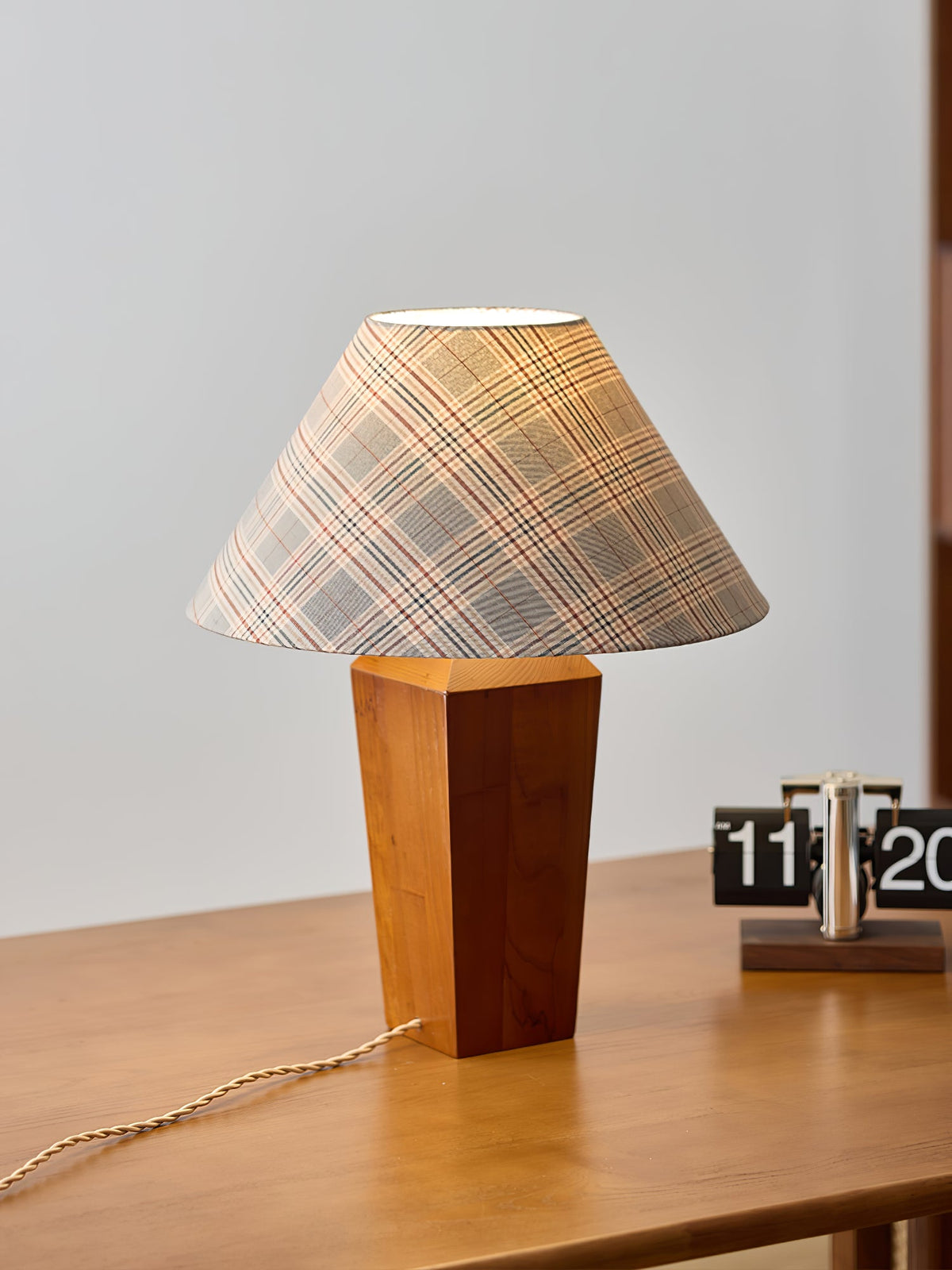 Claremont Plaid Table Lamp – Walnut Wood & Beige Fabric Shade