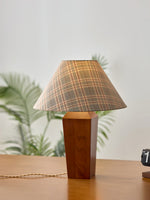 Claremont Plaid Table Lamp – Walnut Wood & Beige Fabric Shade