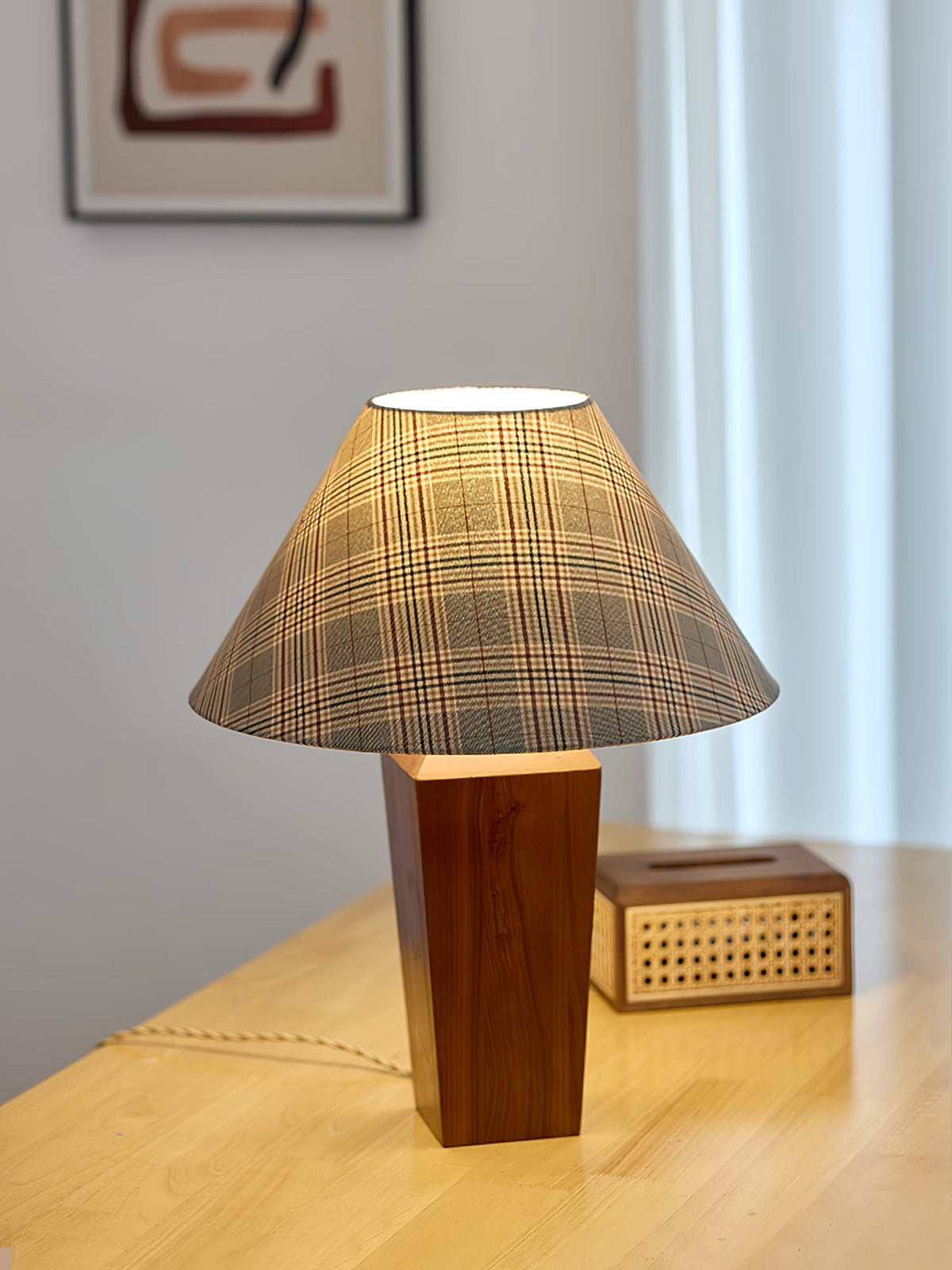Claremont Plaid Table Lamp – Walnut Wood & Beige Fabric Shade