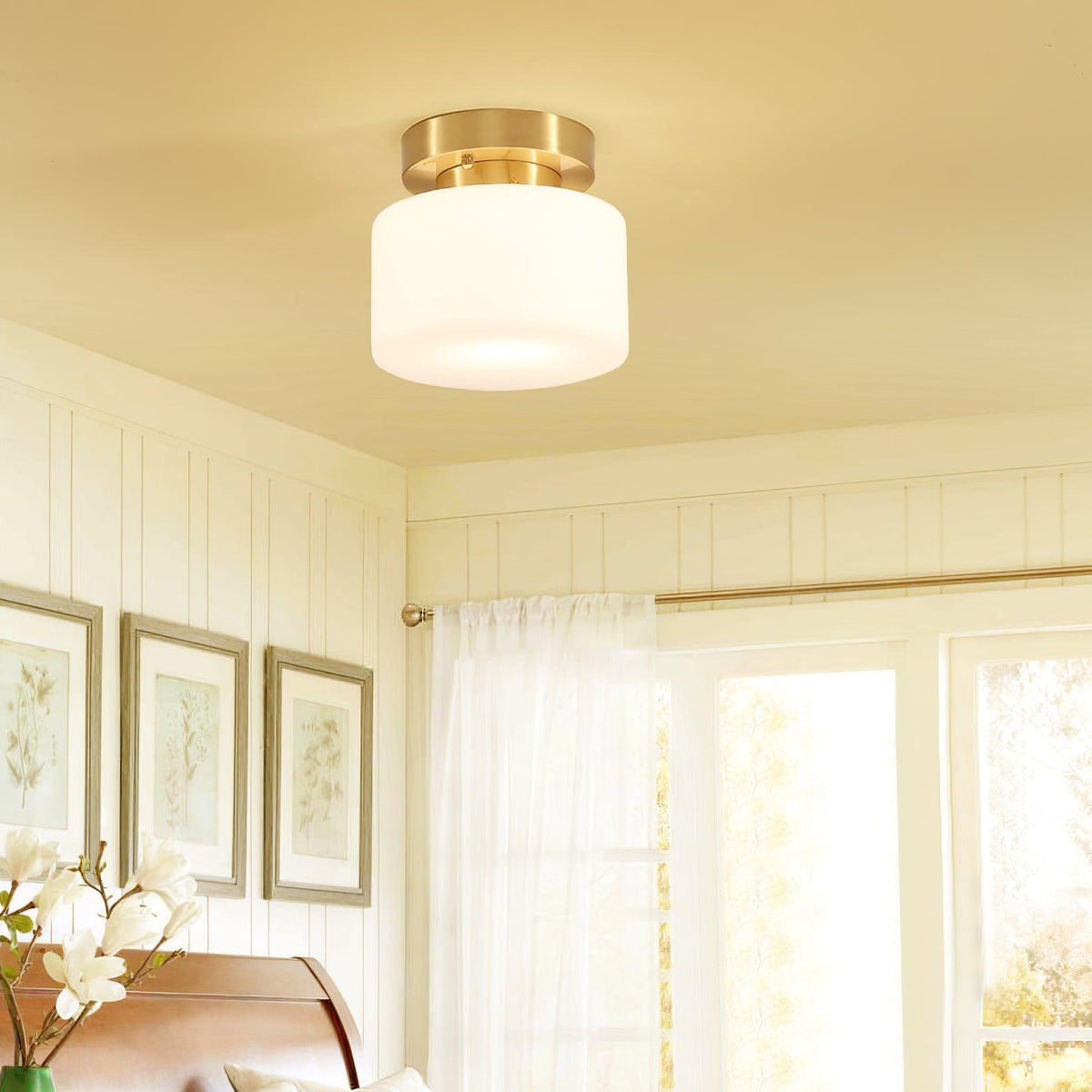 Clinio Flush Mount Ceiling Light in Brass and Opal Glass