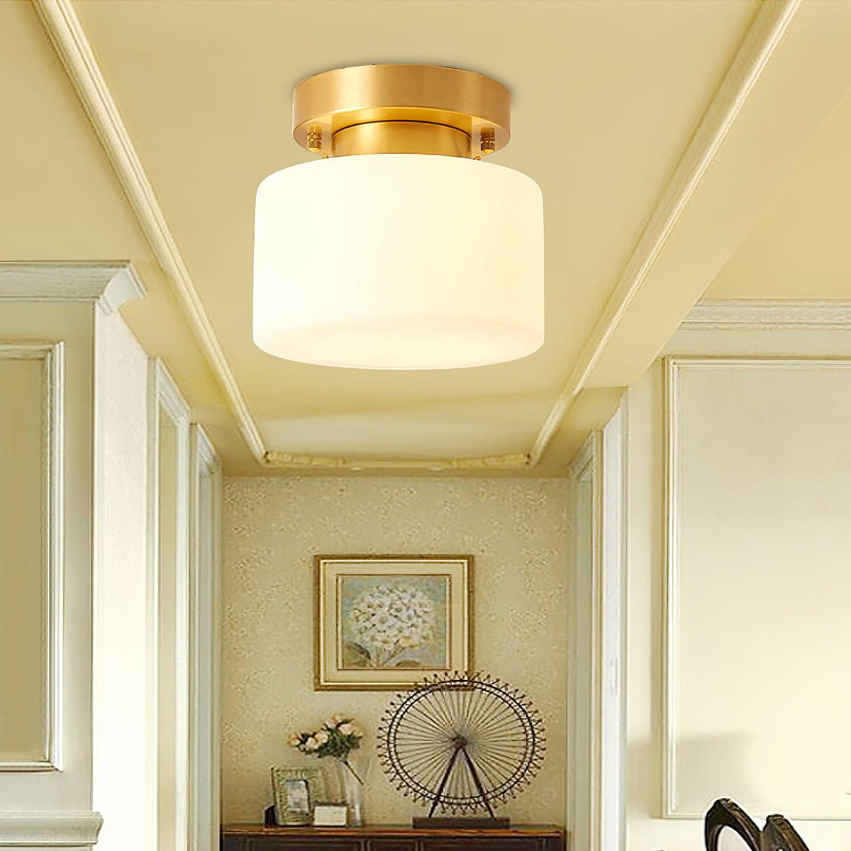 Clinio Flush Mount Ceiling Light in Brass and Opal Glass