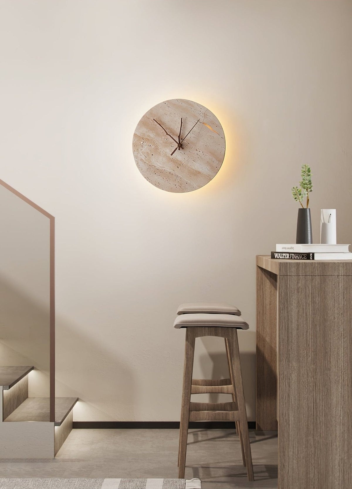 Travertine Wall Sconce with Integrated Clock – Modern Stone LED Wall Light