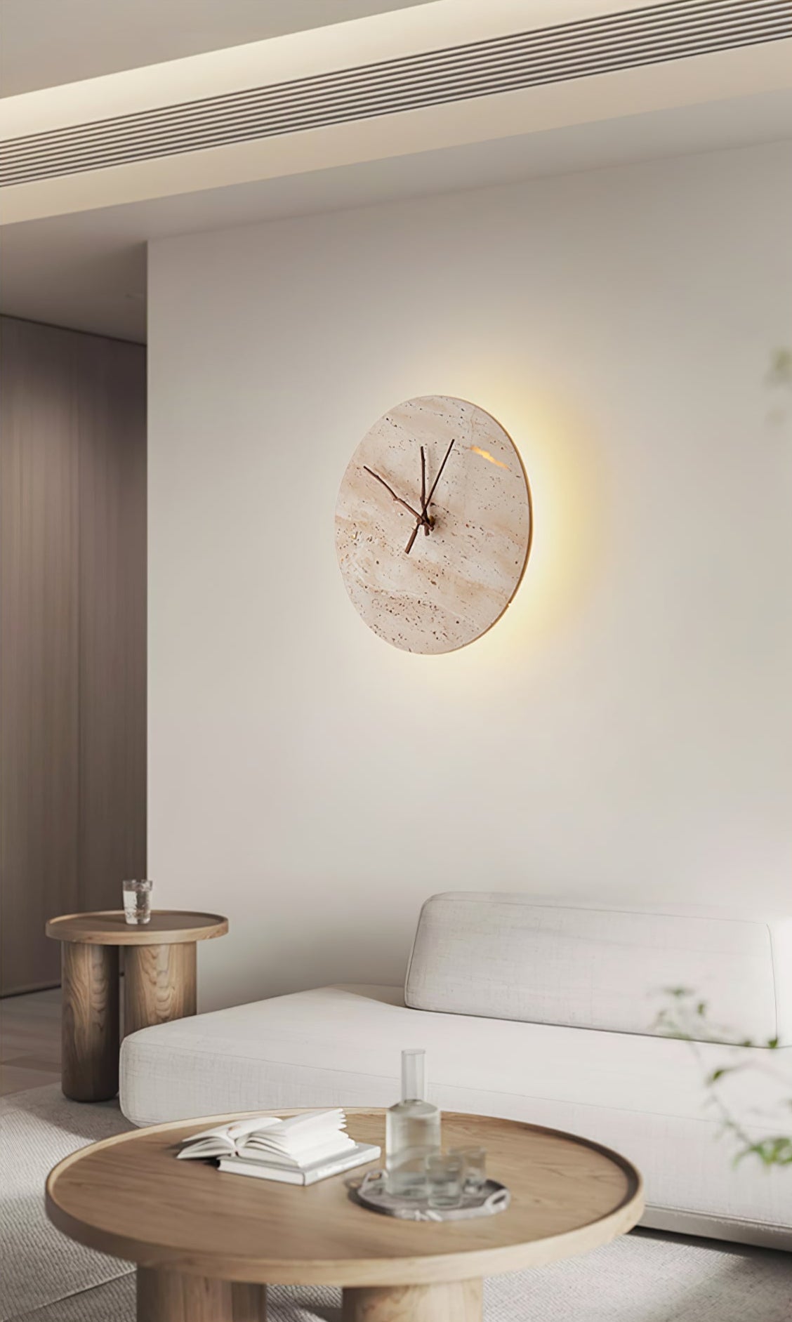 Travertine Wall Sconce with Integrated Clock – Modern Stone LED Wall Light