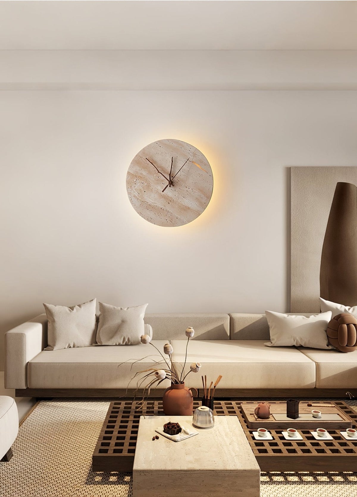 Travertine Wall Sconce with Integrated Clock – Modern Stone LED Wall Light