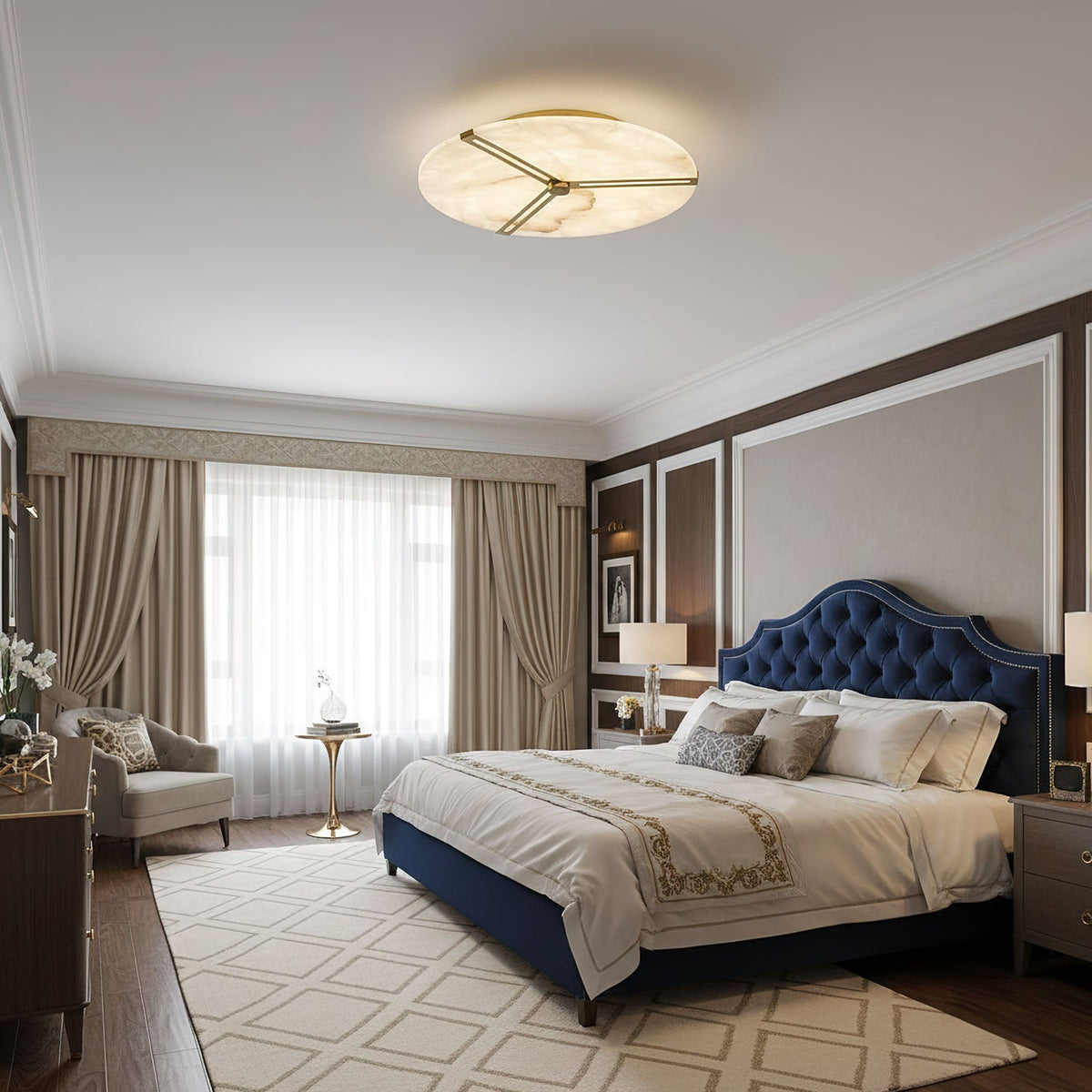 Clocks Alabaster Ceiling Light – Modern Brass Flush Mount for Living Room & Bedroom