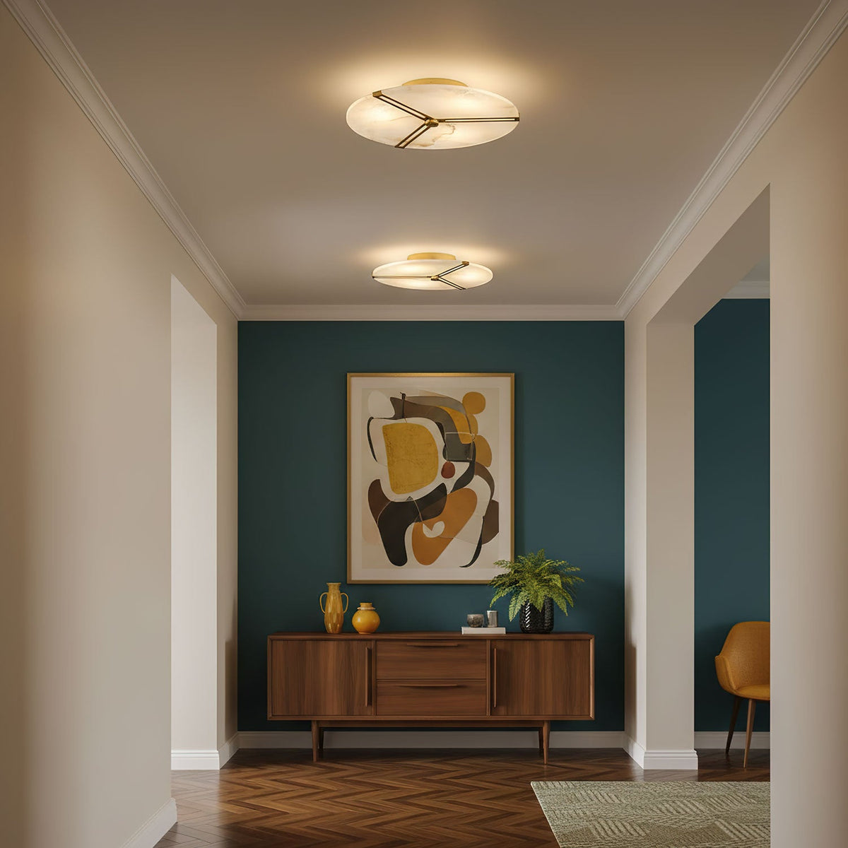 Clocks Alabaster Ceiling Light – Modern Brass Flush Mount for Living Room & Bedroom