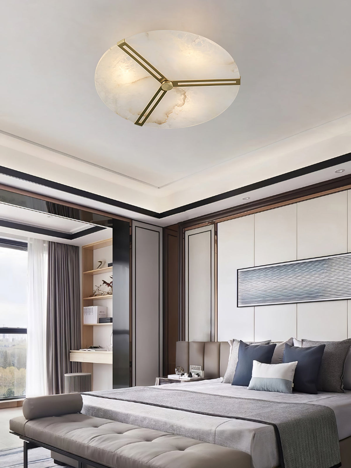 Clocks Alabaster Ceiling Light – Modern Brass Flush Mount for Living Room & Bedroom