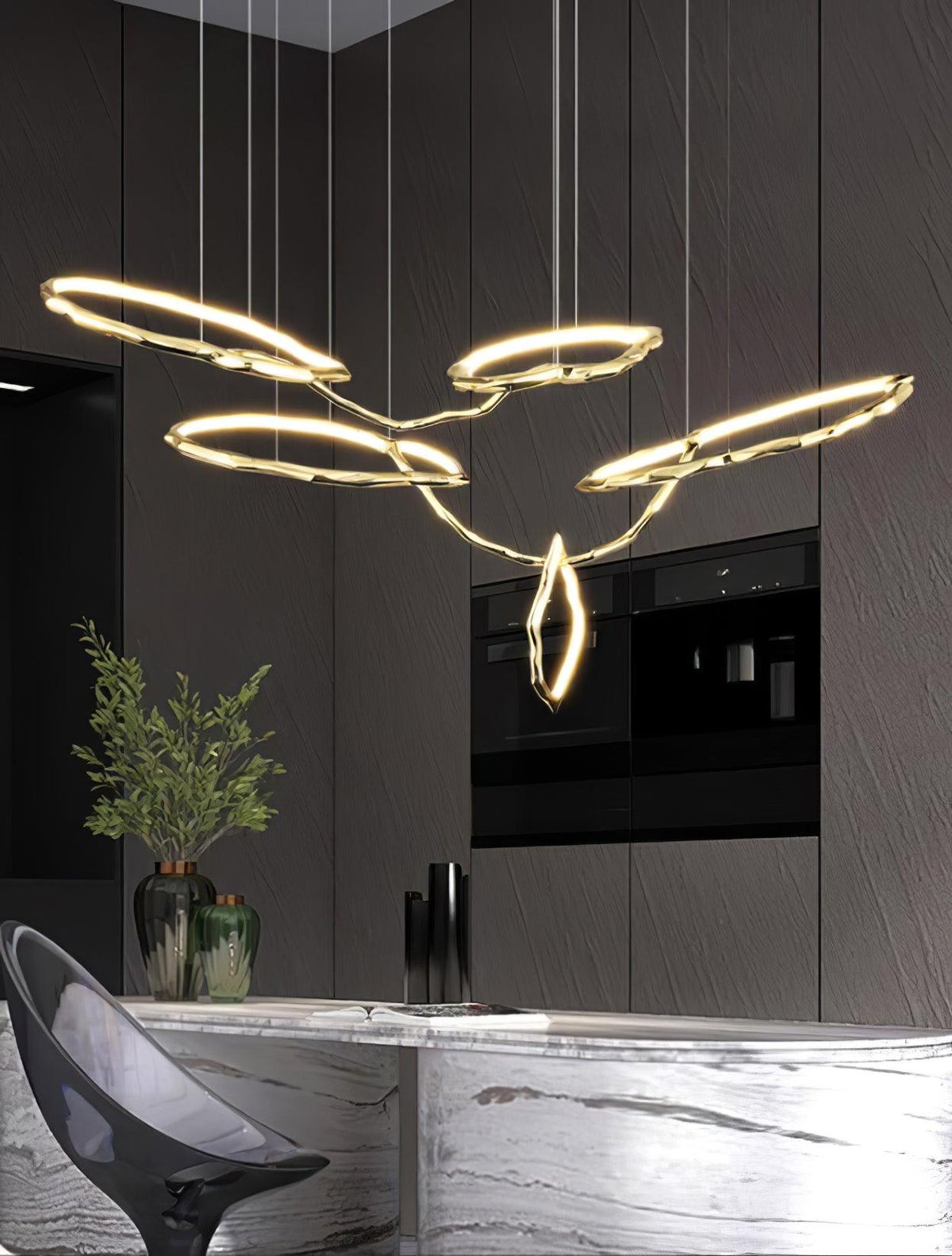 Cloud Rings Brass LED Chandelier, Modern Sculptural Pendant Light