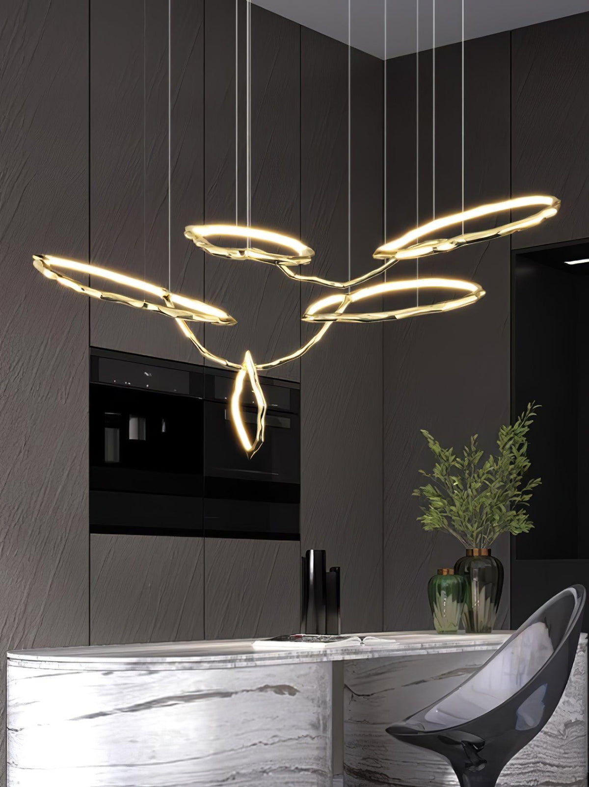 Cloud Rings Brass LED Chandelier, Modern Sculptural Pendant Light
