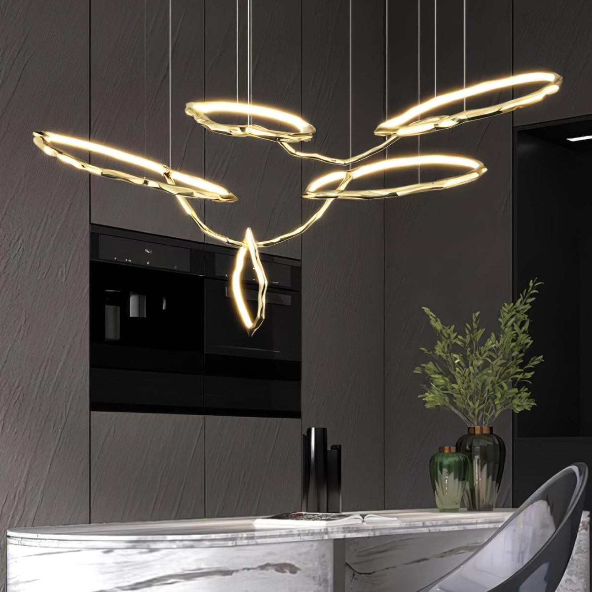 Cloud Rings Brass LED Chandelier, Modern Sculptural Pendant Light