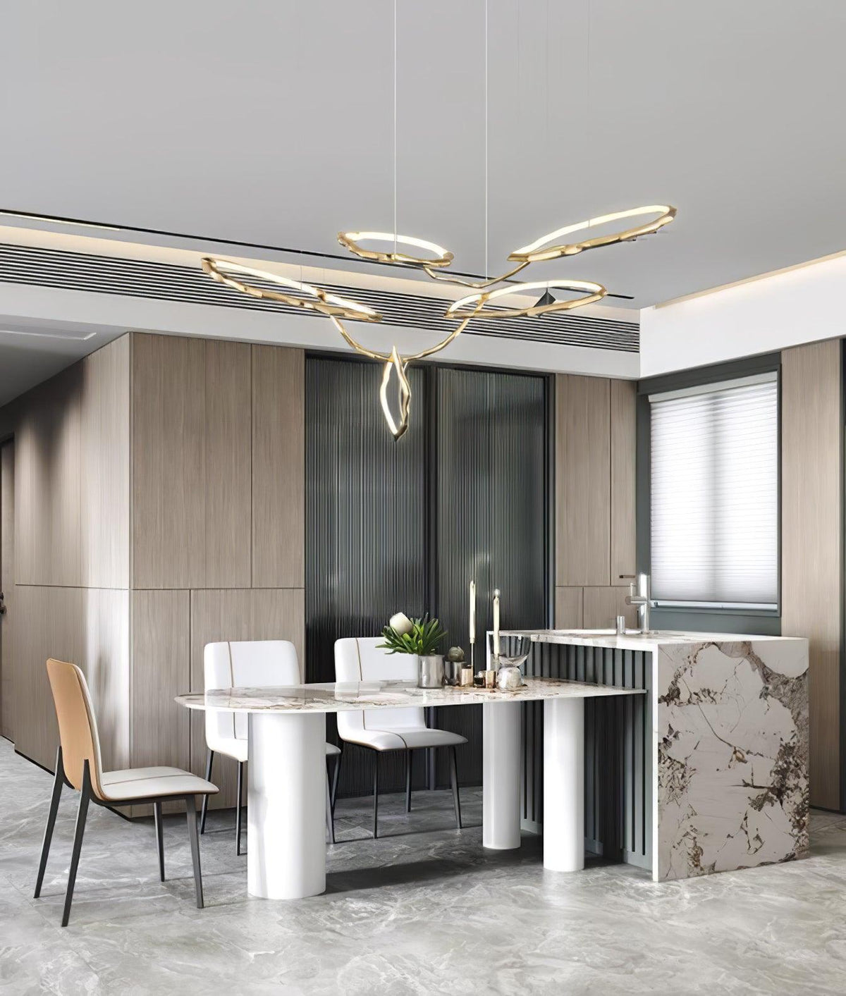 Cloud Rings Brass LED Chandelier, Modern Sculptural Pendant Light