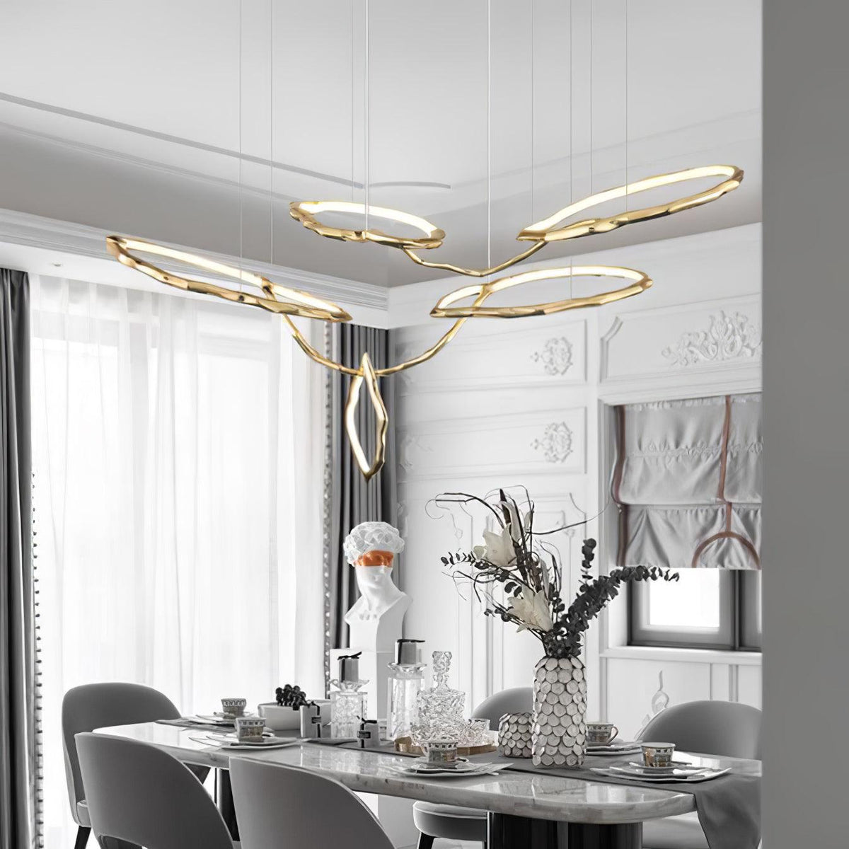 Cloud Rings Brass LED Chandelier, Modern Sculptural Pendant Light
