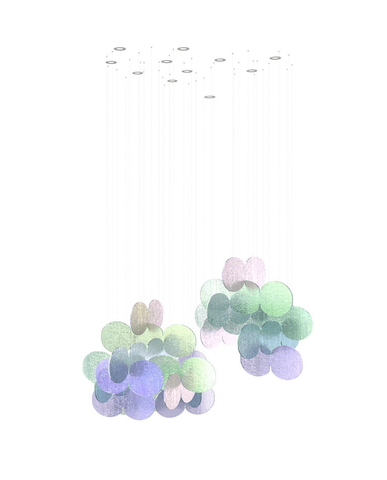 Iridescent Disc Chandelier with Cloud Glass Accents