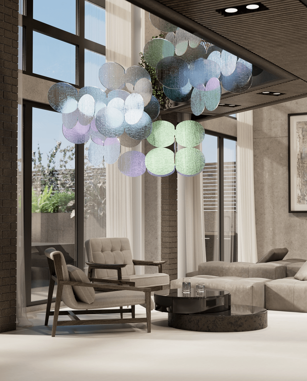 Iridescent Disc Chandelier with Cloud Glass Accents