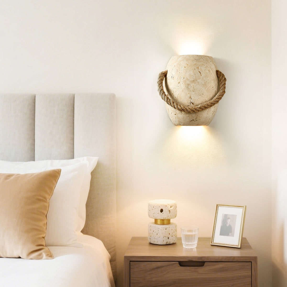 Artisan Travertine Wall Sconce with Hemp Rope Accent