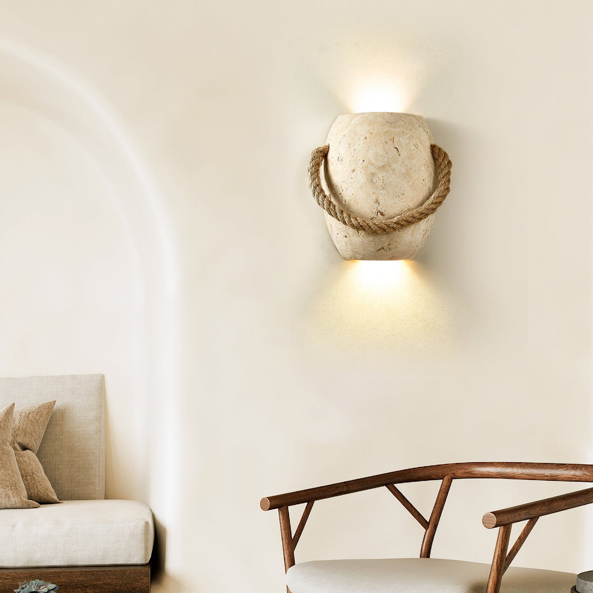 Artisan Travertine Wall Sconce with Hemp Rope Accent