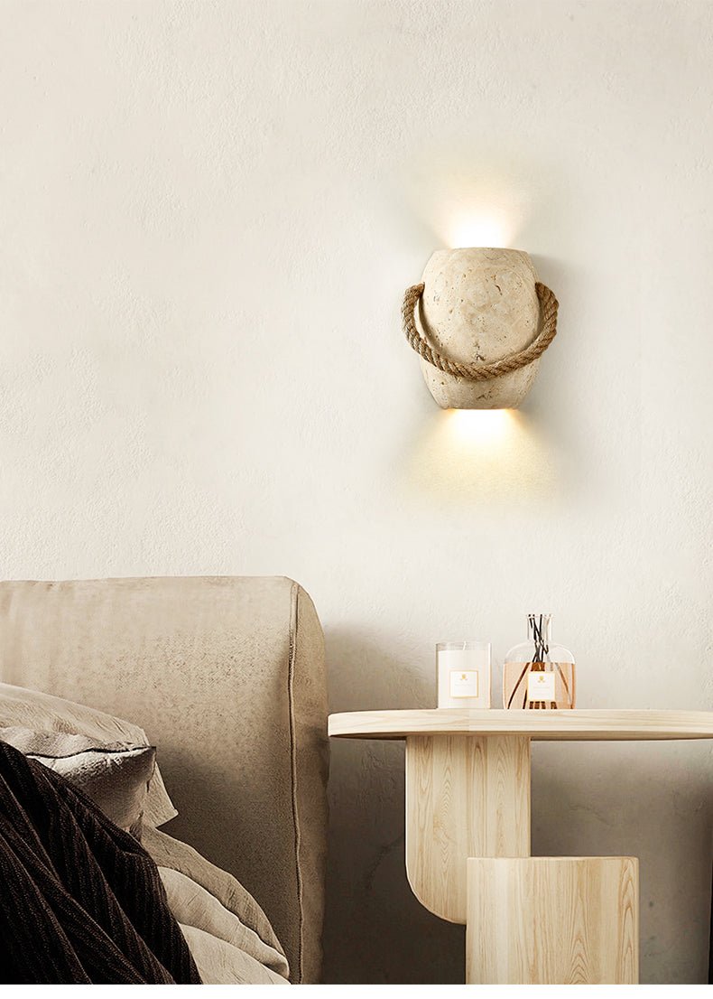 Artisan Travertine Wall Sconce with Hemp Rope Accent