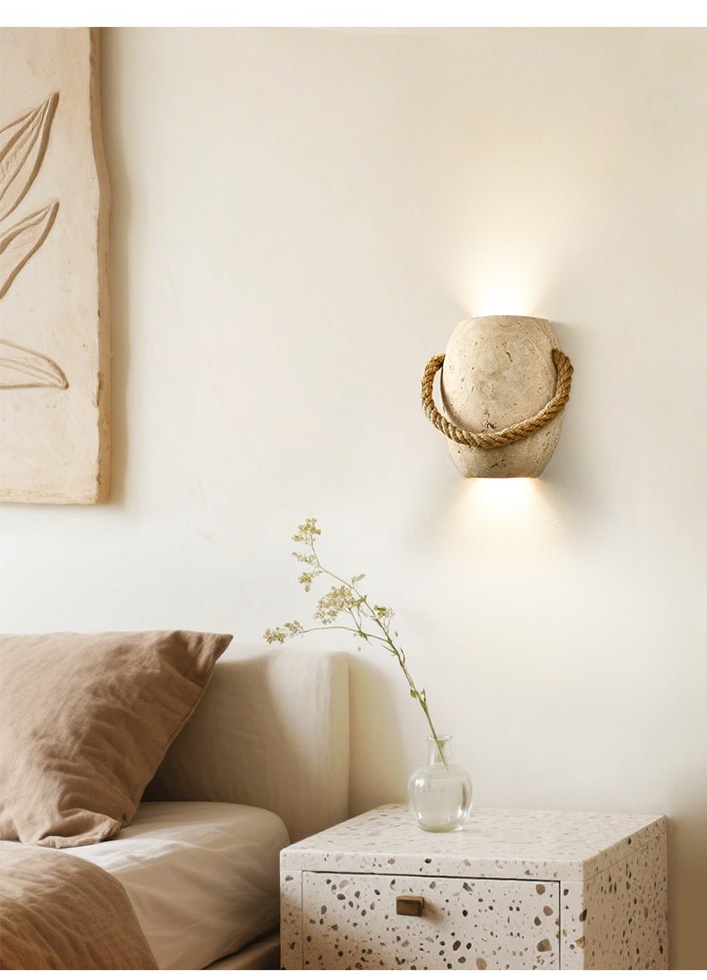 Artisan Travertine Wall Sconce with Hemp Rope Accent