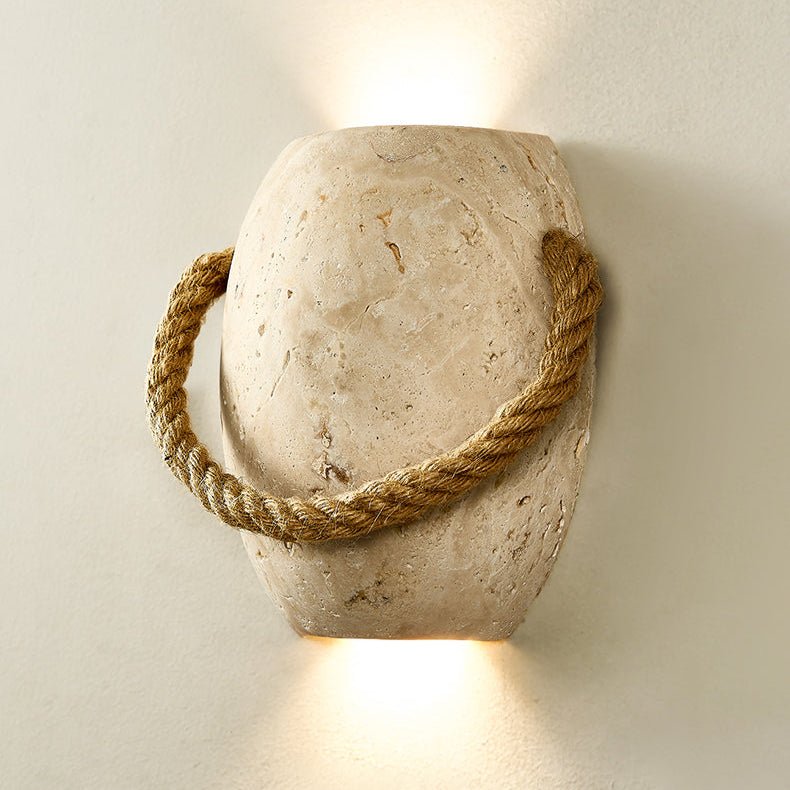 Artisan Travertine Wall Sconce with Hemp Rope Accent