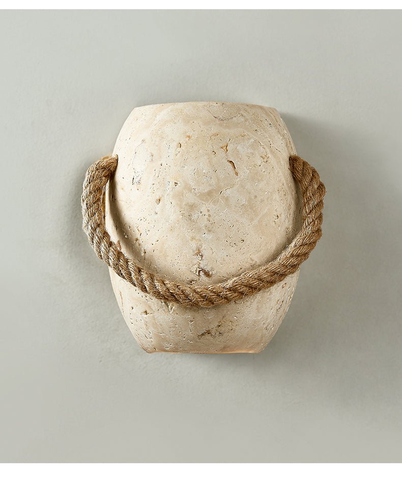 Artisan Travertine Wall Sconce with Hemp Rope Accent
