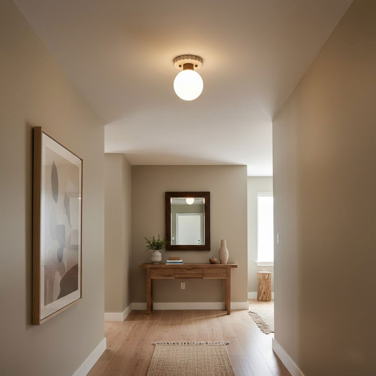 Cogstone Orb Ceiling Light in Travertine and Frosted Glass