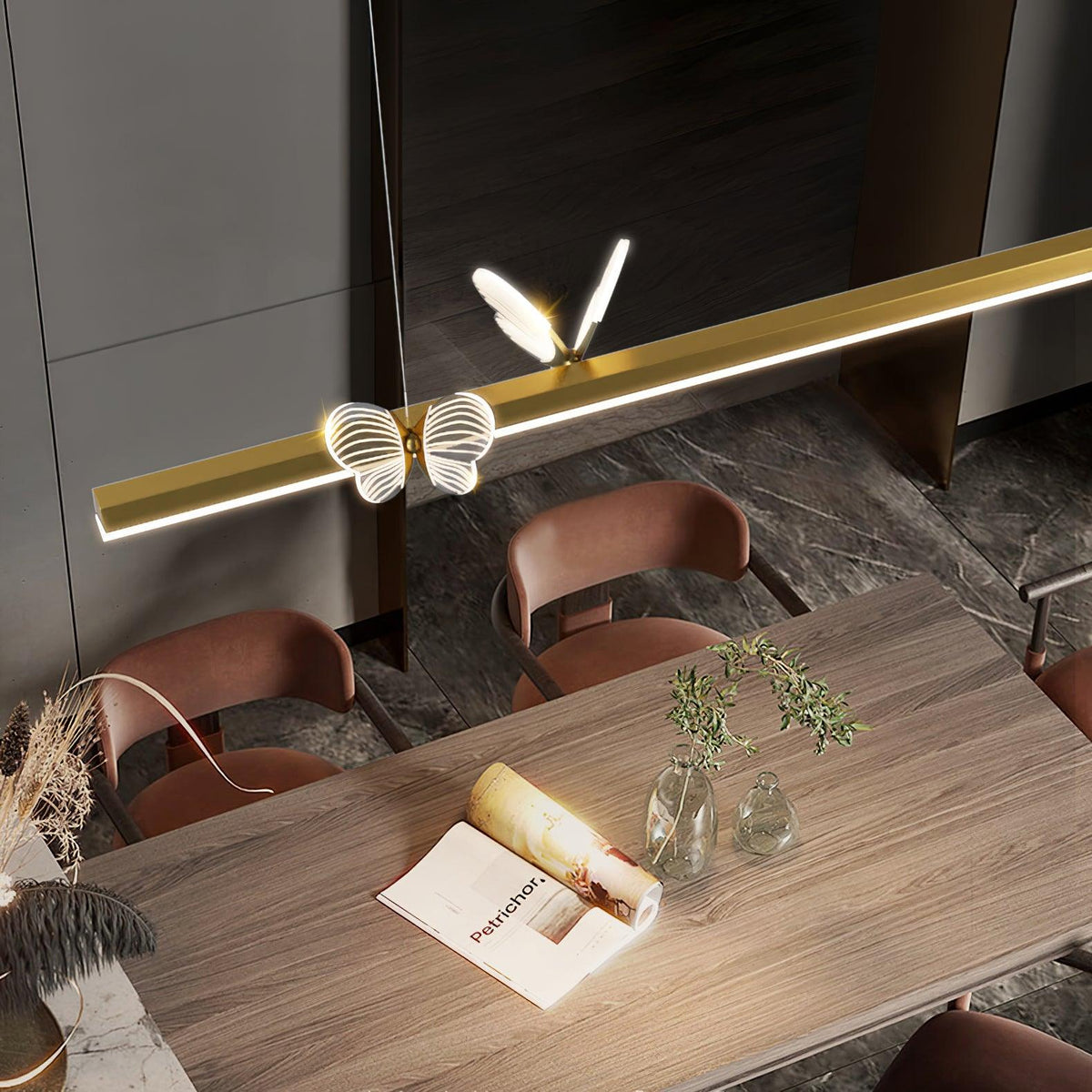 Cohen Butterfly Chandelier – Modern Gold LED Linear Pendant for Dining Room