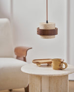 Stonova Pendant Light in Travertine and Walnut — Plug-In Swag Lamp