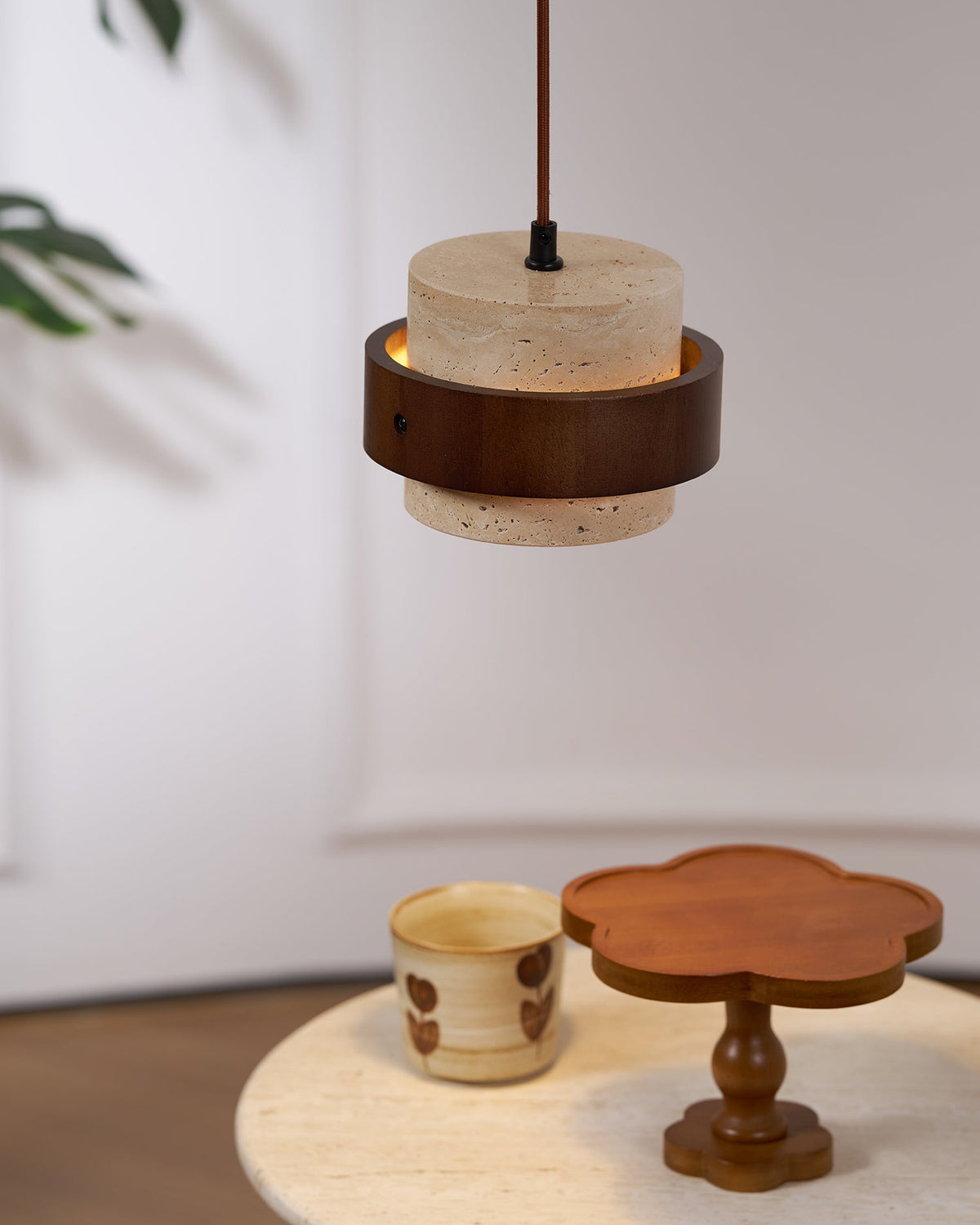 Stonova Pendant Light in Travertine and Walnut — Plug-In Swag Lamp