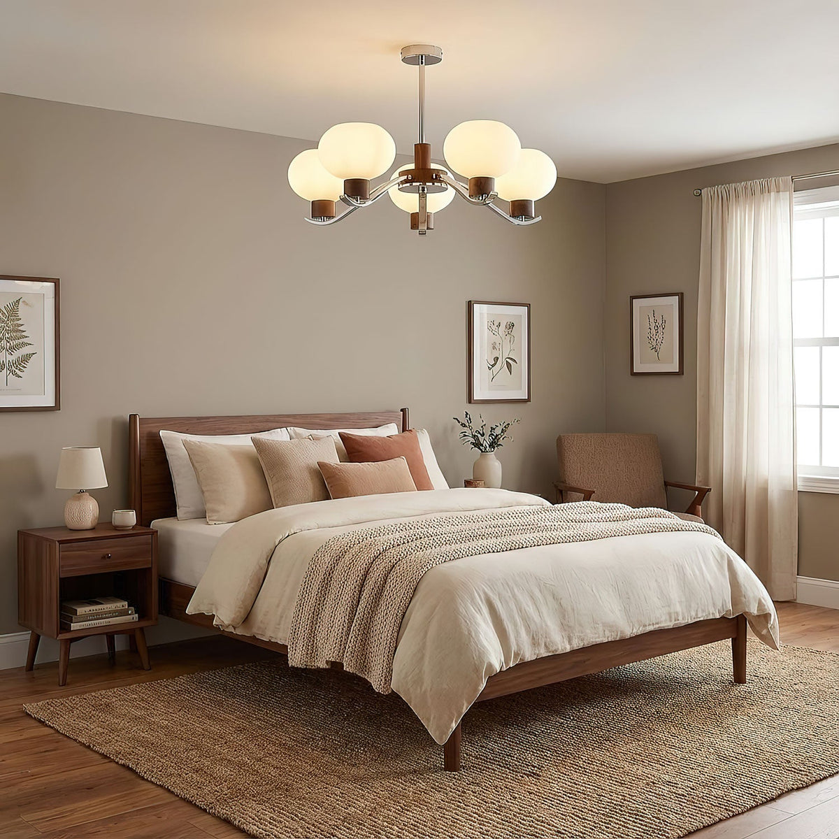 Colome Modern Glass Chandelier with Walnut Accents for Dining Room