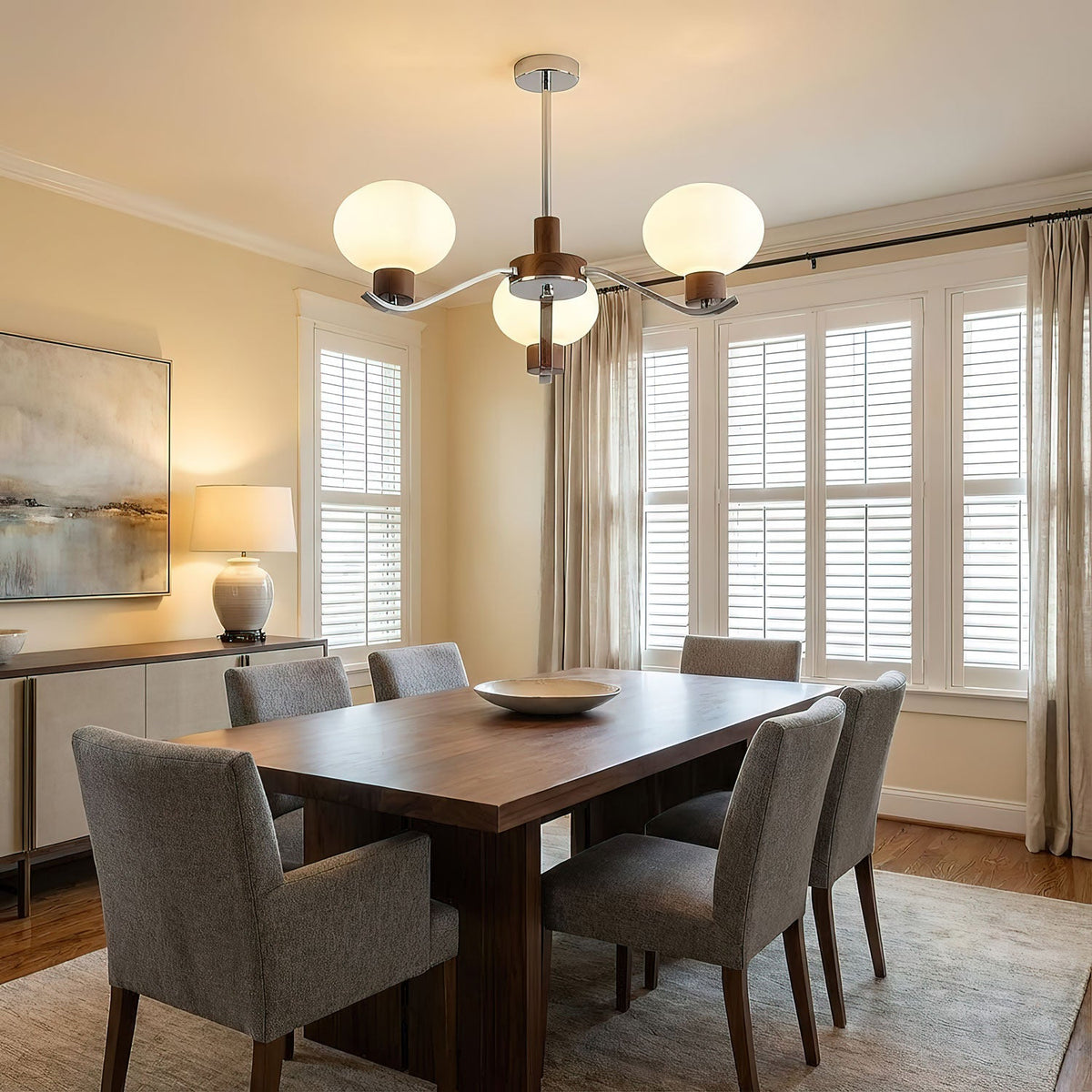 Colome Modern Glass Chandelier with Walnut Accents for Dining Room
