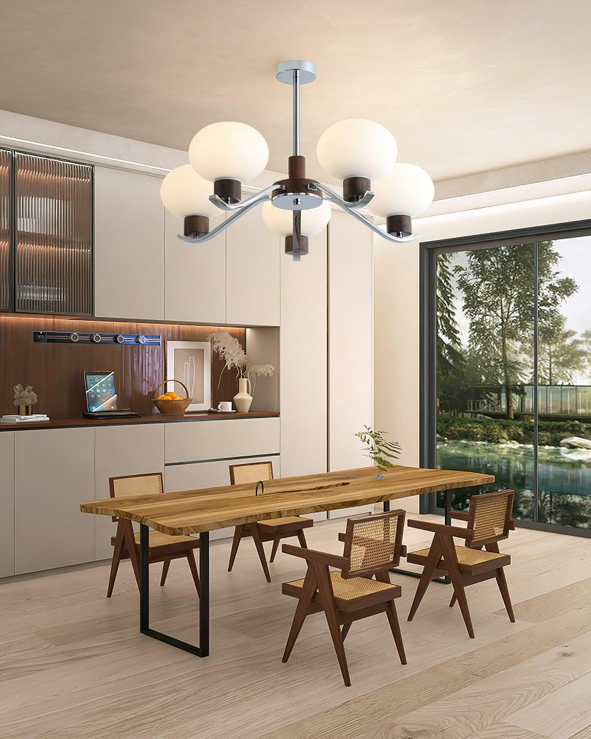 Colome Modern Glass Chandelier with Walnut Accents for Dining Room