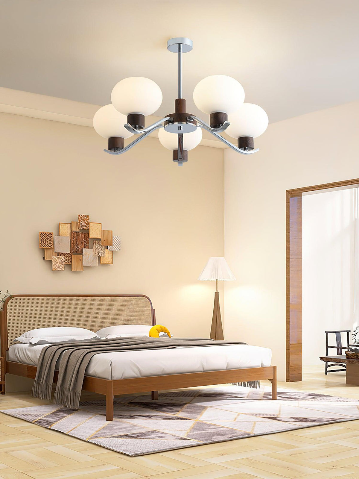Colome Modern Glass Chandelier with Walnut Accents for Dining Room
