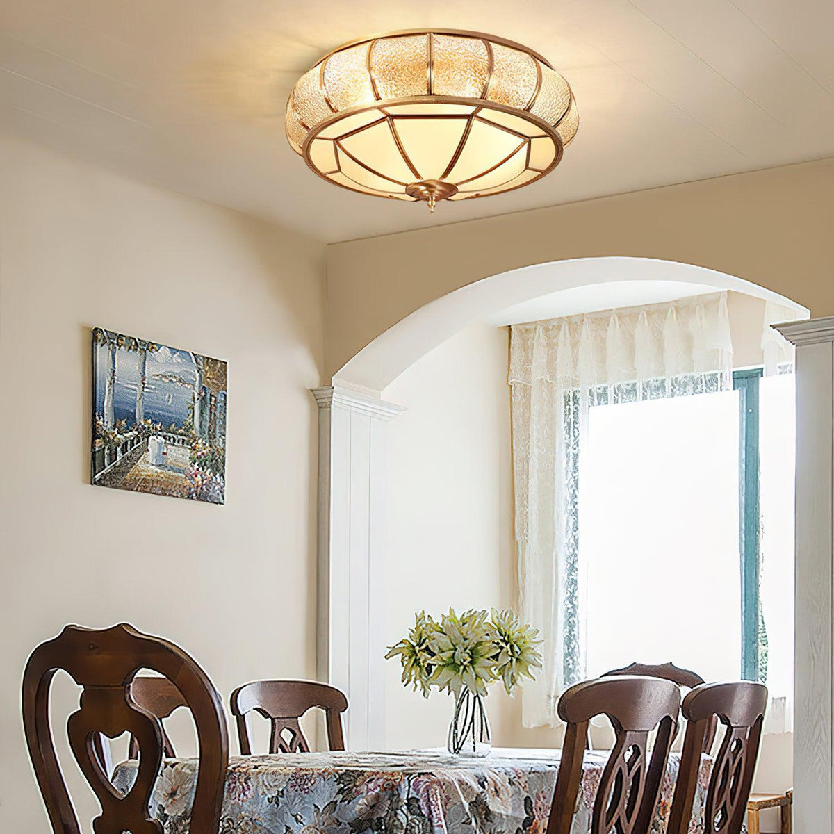 Colonial Glass Drum Flush Mount Ceiling Light in Brass